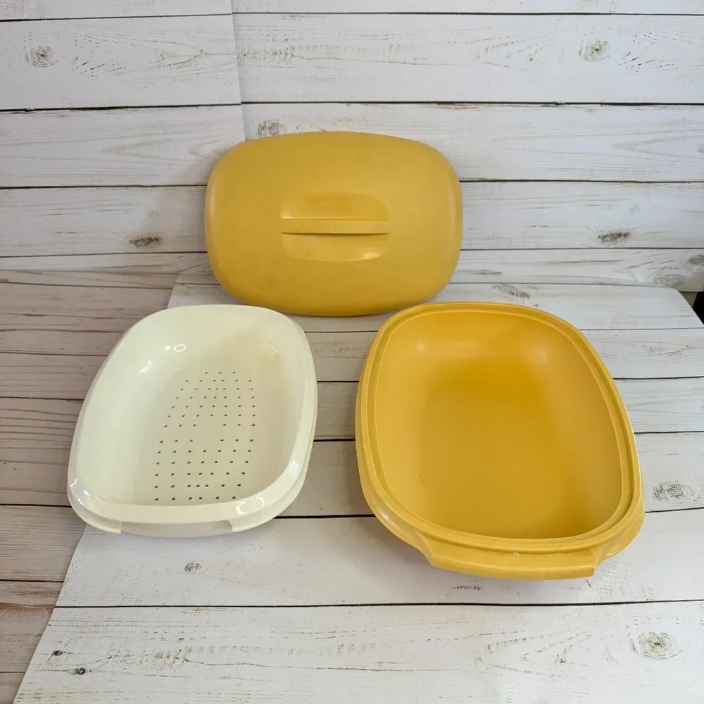 Vintage Tupperware 3 Piece Oval Steamer Vegetable Rice Harvest Gold Microwavable